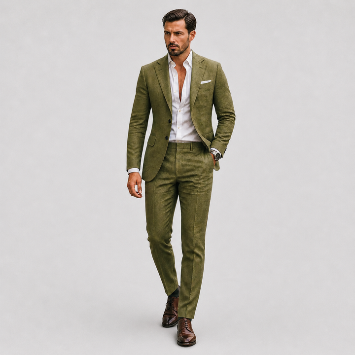 Stylish men's slim fit wedding suit for summer. Ideal lightweight formal wear for groomsmen and guests.