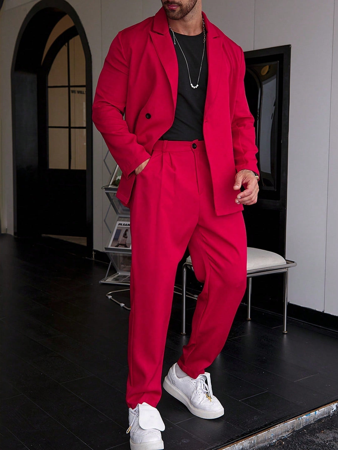 Tailored slim fit men's business suit set, ideal for a modern professional look & office attire.