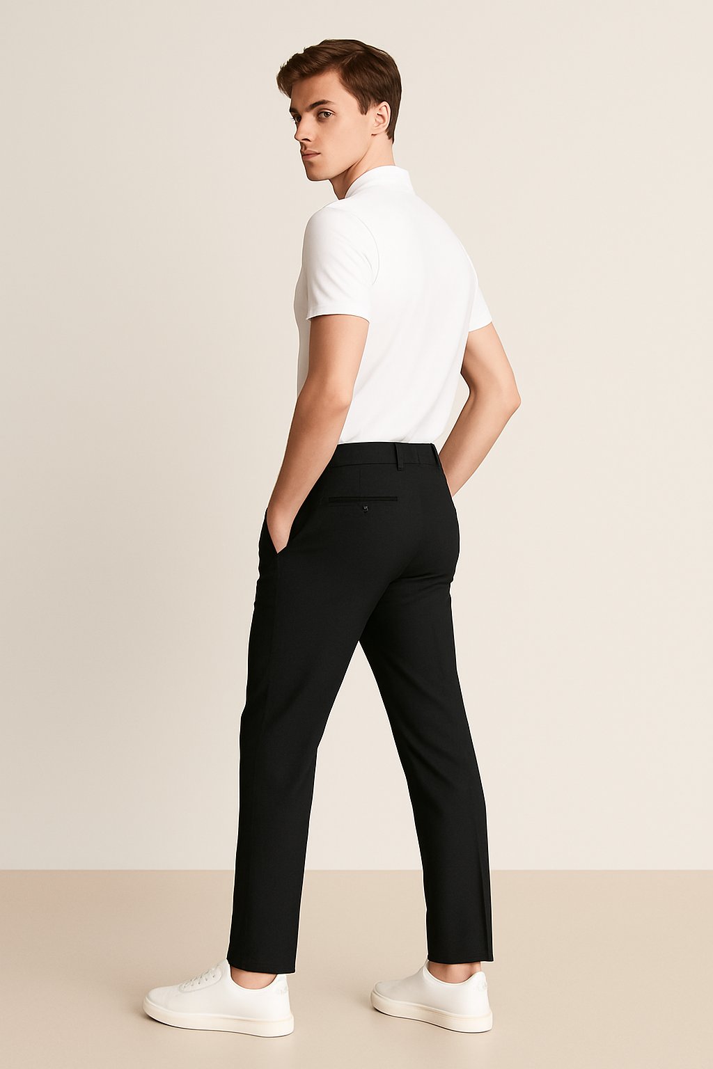 Man wearing casual men's slim-fit woven chino pants in olive. Perfect for relaxed yet stylish everyday looks.