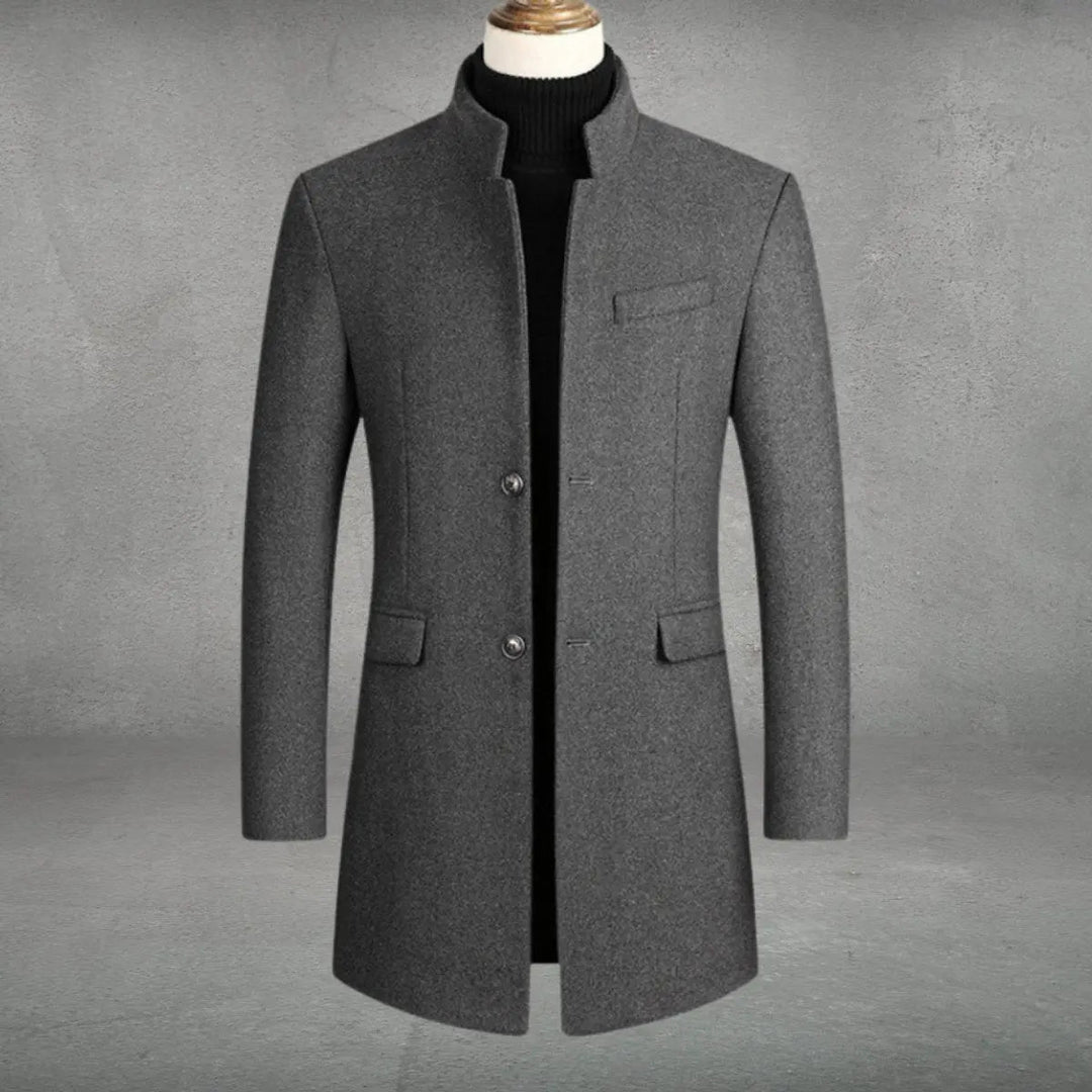 Men's slim-fit tailored overcoat with standing collar. Elegant formal outerwear for business & winter fashion.