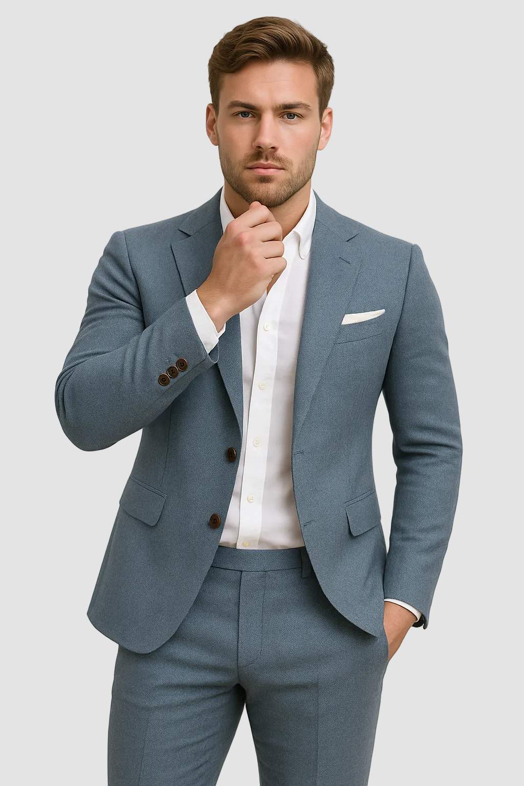 Men's slim fit tailored suit with blazer & trousers for formal events, weddings & business attire.