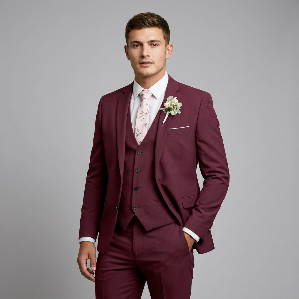 Men's slim fit three-piece formal suit, perfect for business meetings or elegant wedding events.