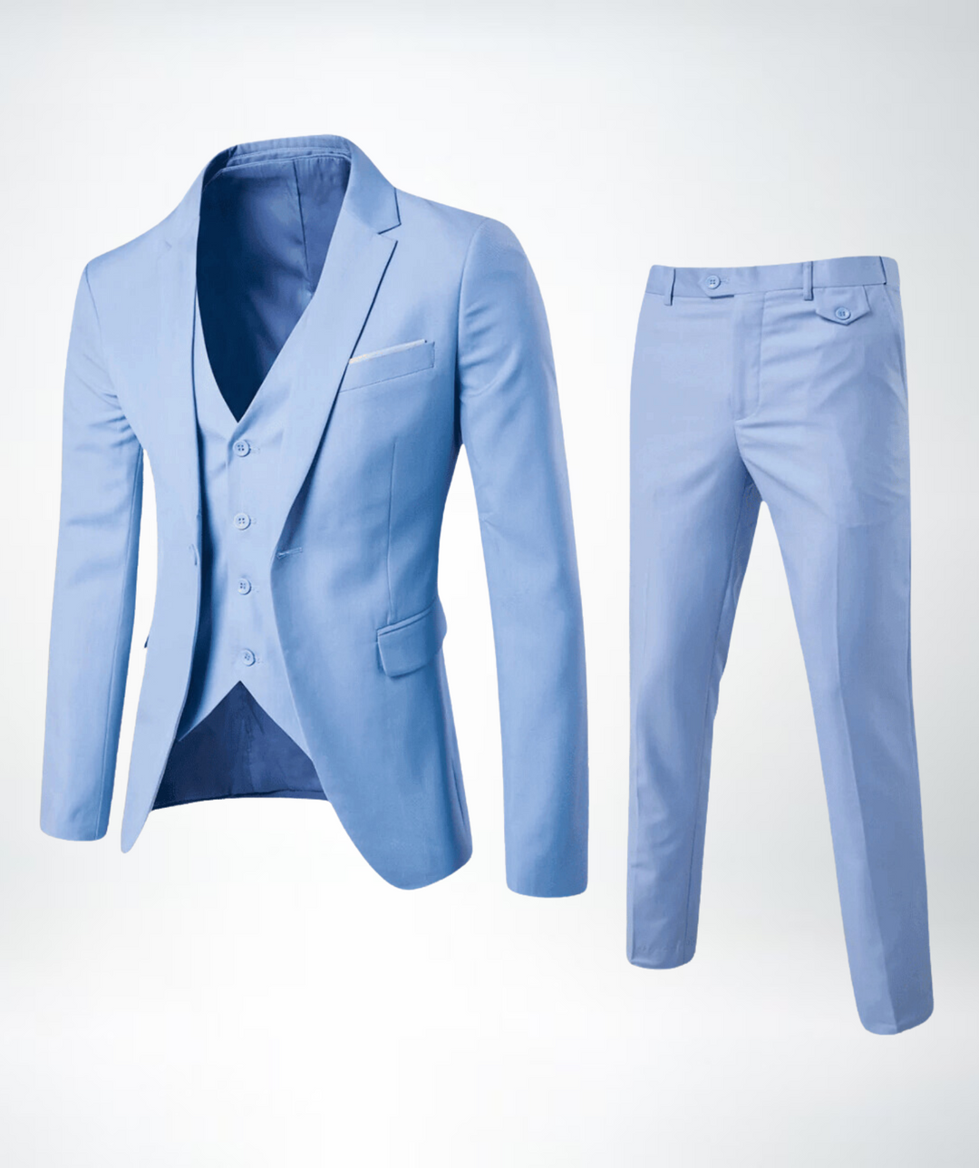 Modern men's slim fit three-piece formal wear, a complete suit set for sophisticated business and wedding attire.