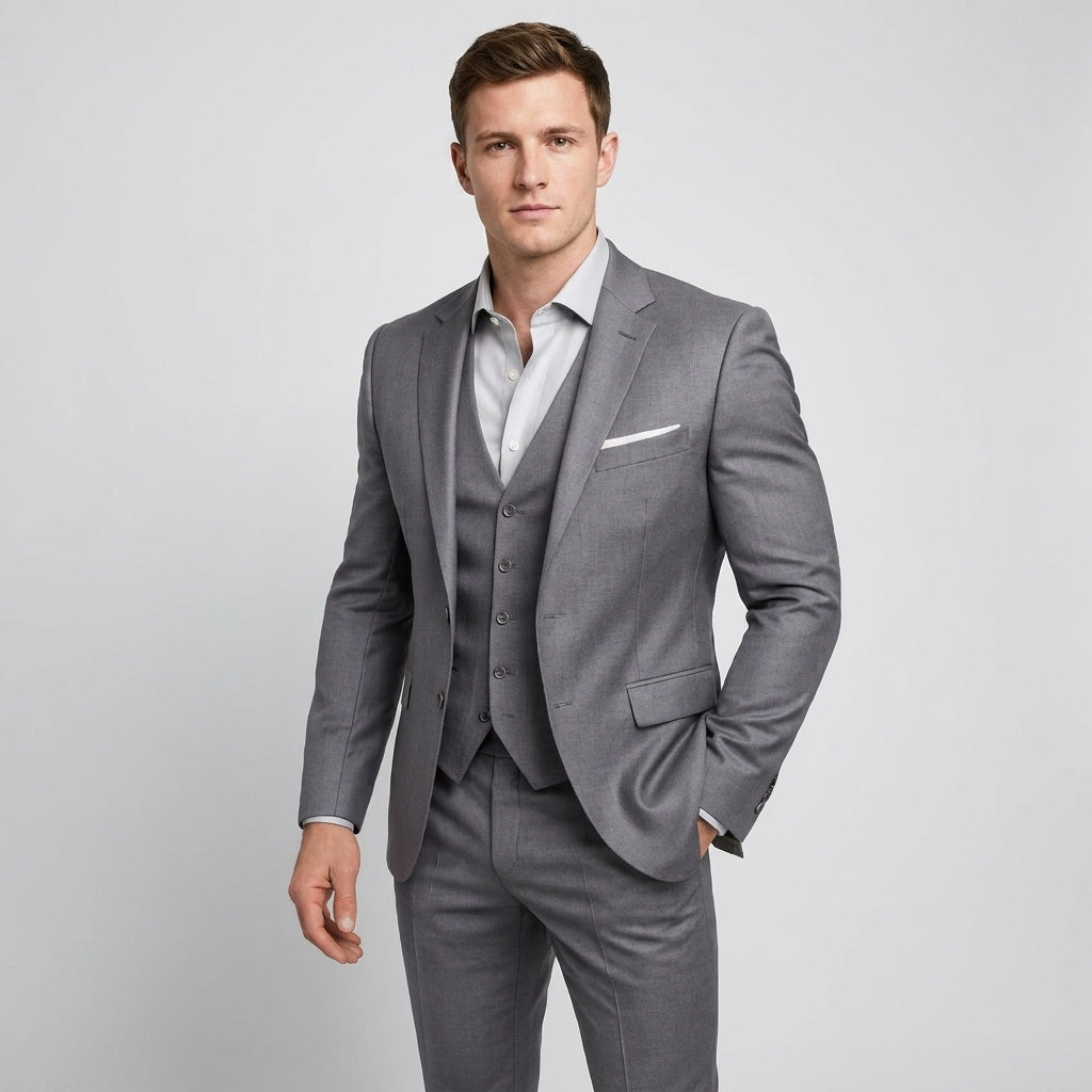 Sharp slim fit three-piece suit for men, including jacket, waistcoat, and trousers, ideal for formal wear.