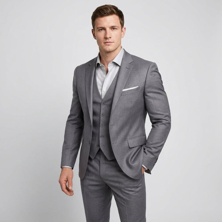 Sharp slim fit three-piece suit for men, including jacket, waistcoat, and trousers, ideal for formal wear.