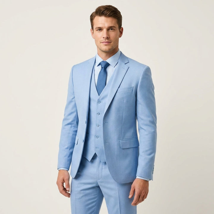 Elegant men's slim fit three-piece wedding suit, a stylish choice for grooms, groomsmen, or guests.