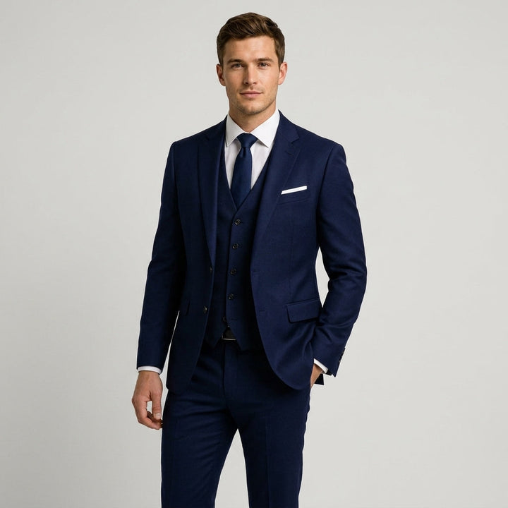 Professional men's slim fit three-piece business suit, offering a modern and polished look for the office.
