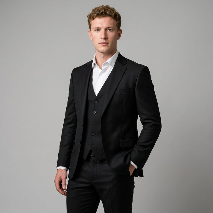 Stylish men's slim fit formal suit with jacket, vest & pants, designed for a sophisticated and modern aesthetic.