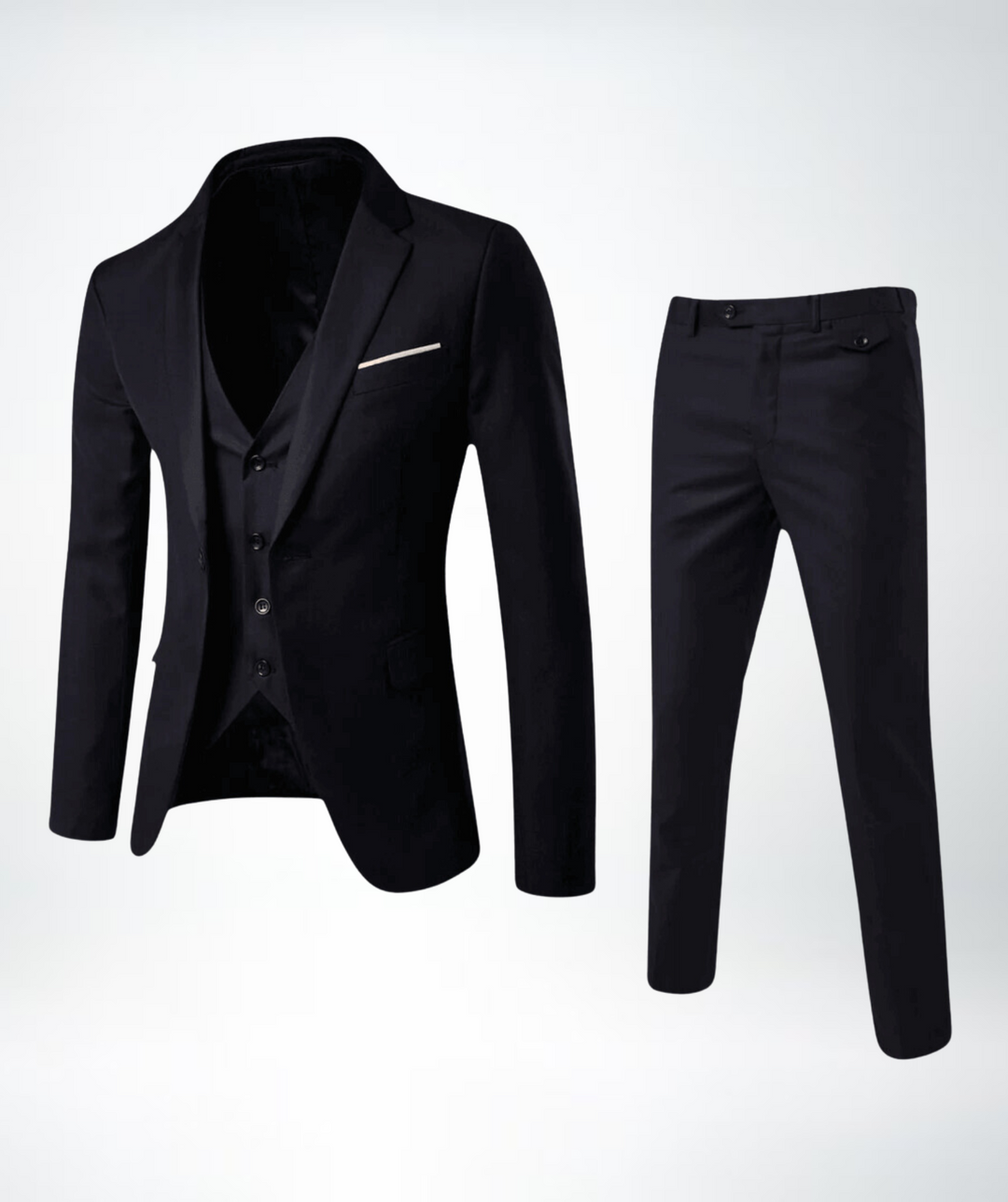 Man wearing a sleek slim fit three-piece suit, presenting a confident and professional image for formal events.