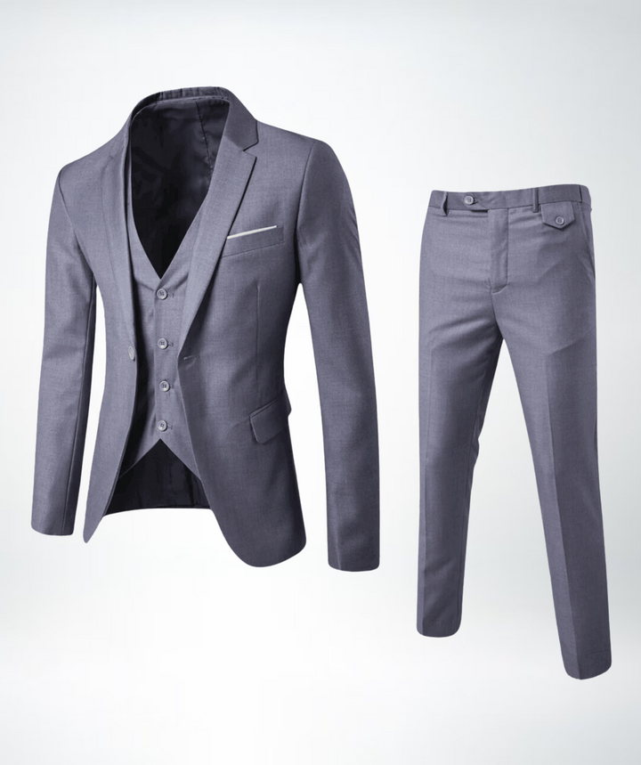 Detailed view of a men's slim fit three-piece suit, highlighting the quality fabric and expert tailoring.