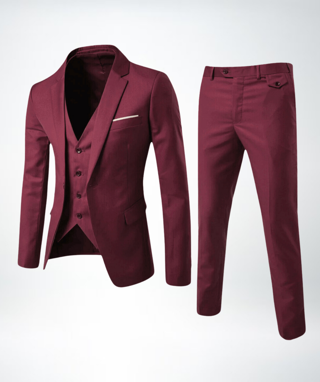 Full shot of a handsome men's slim fit three-piece suit, embodying formal style for weddings and business.