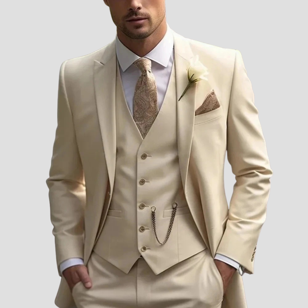 Stylish men's three-piece suit: slim fit jacket, vest, & trousers. Ideal for formal, business, or party wear.