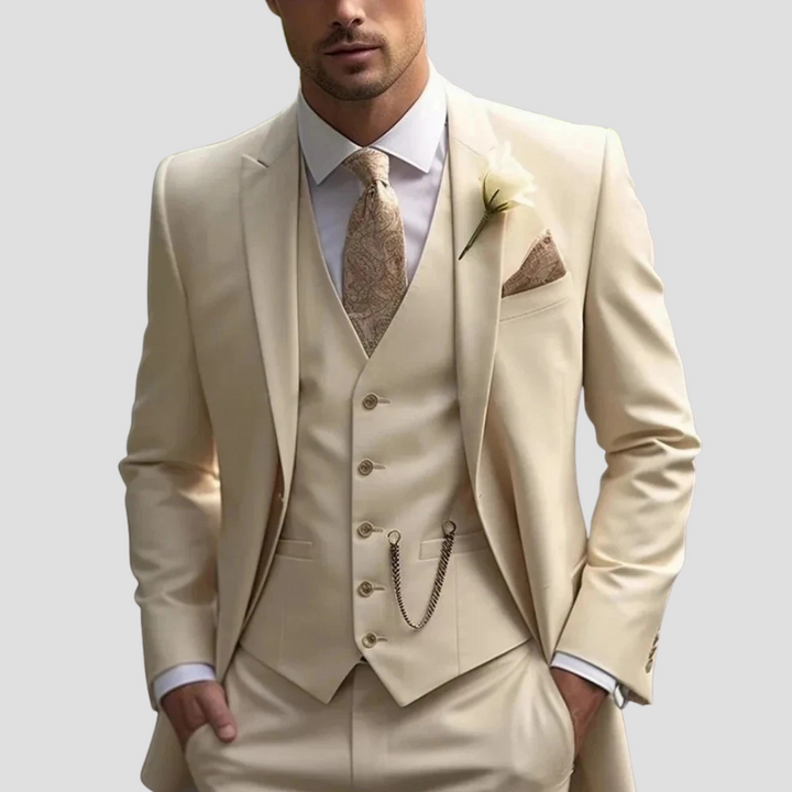 Stylish men's three-piece suit: slim fit jacket, vest, & trousers. Ideal for formal, business, or party wear.