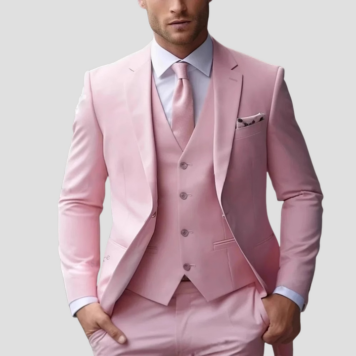 Complete men's slim fit three-piece formal suit set for special occasions. Dapper, modern & business-ready.