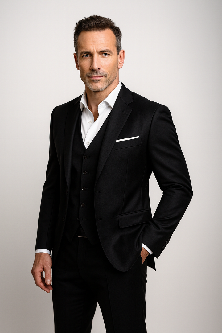 Sophisticated men's three-piece slim fit wedding suit & waistcoat. Ideal for formal events & parties.