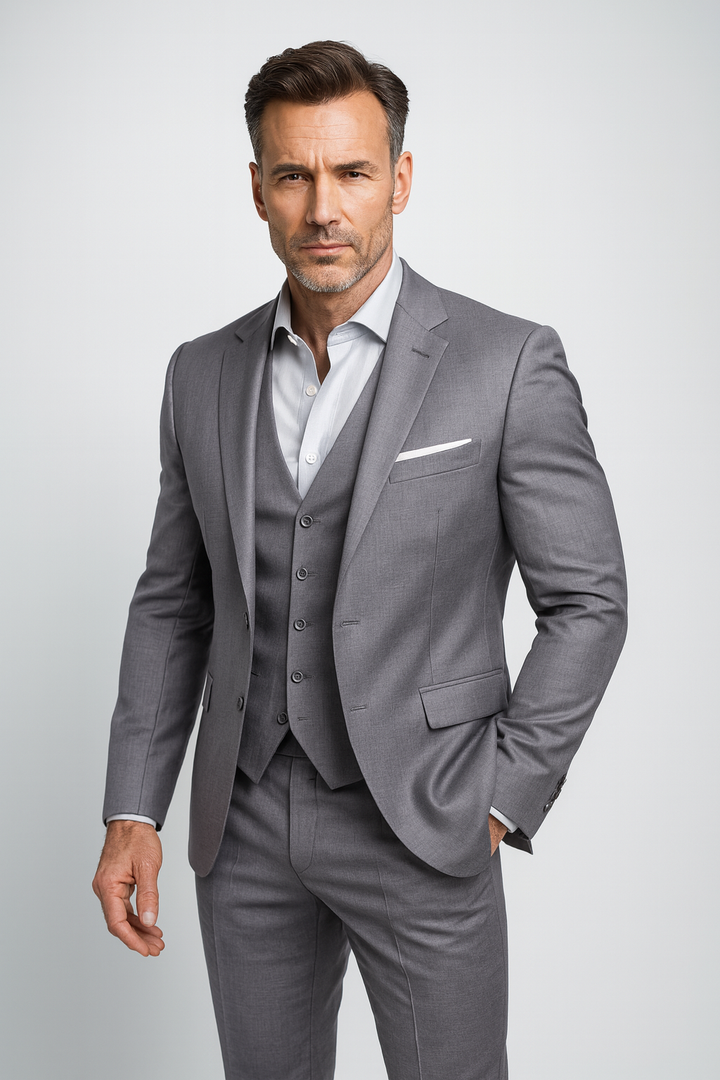 Elegant men's three-piece suit set: slim fit jacket, trousers, and waistcoat. Modern formal wear.