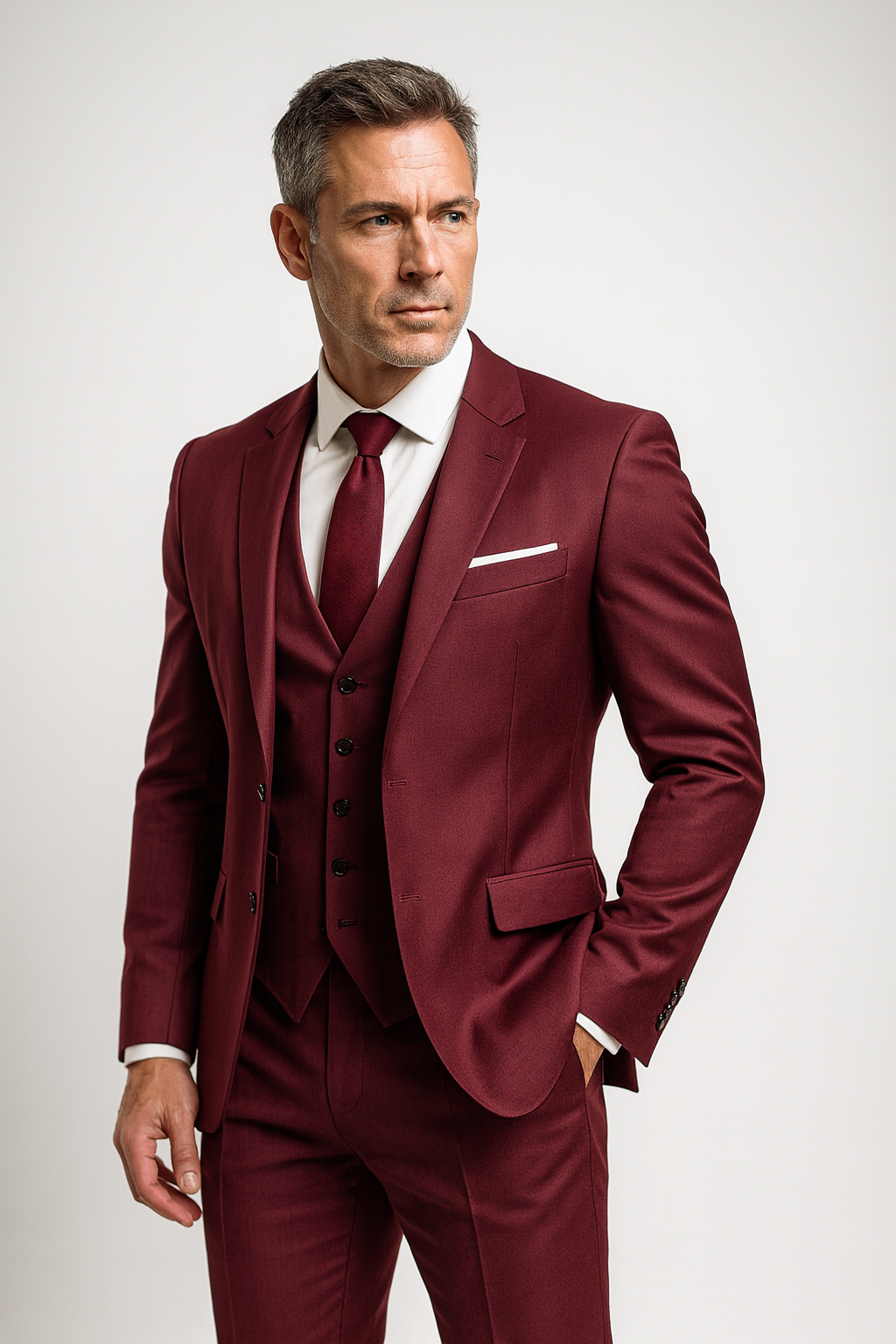 Sharp men's formal slim fit three-piece suit with waistcoat, exuding sophistication for any event.