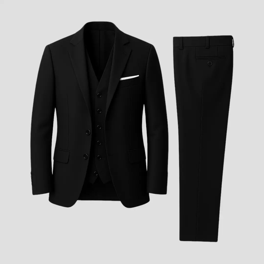 Men's slim fit three-piece suit, perfect for weddings, business, and formal events. Modern tailored design.