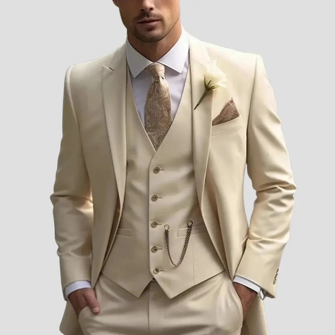 Elegant men's three-piece suit waistcoat, complementing the slim fit jacket and trousers for formal occasions.