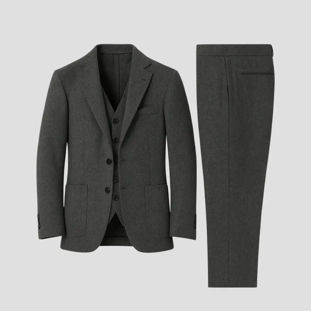 Men's slim fit three-piece suit with vest, perfect formalwear for special events.
