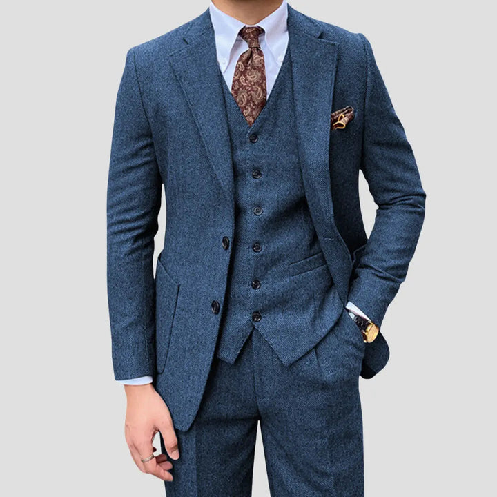 Professional men's slim fit three-piece suit with vest for smart business meetings & events.
