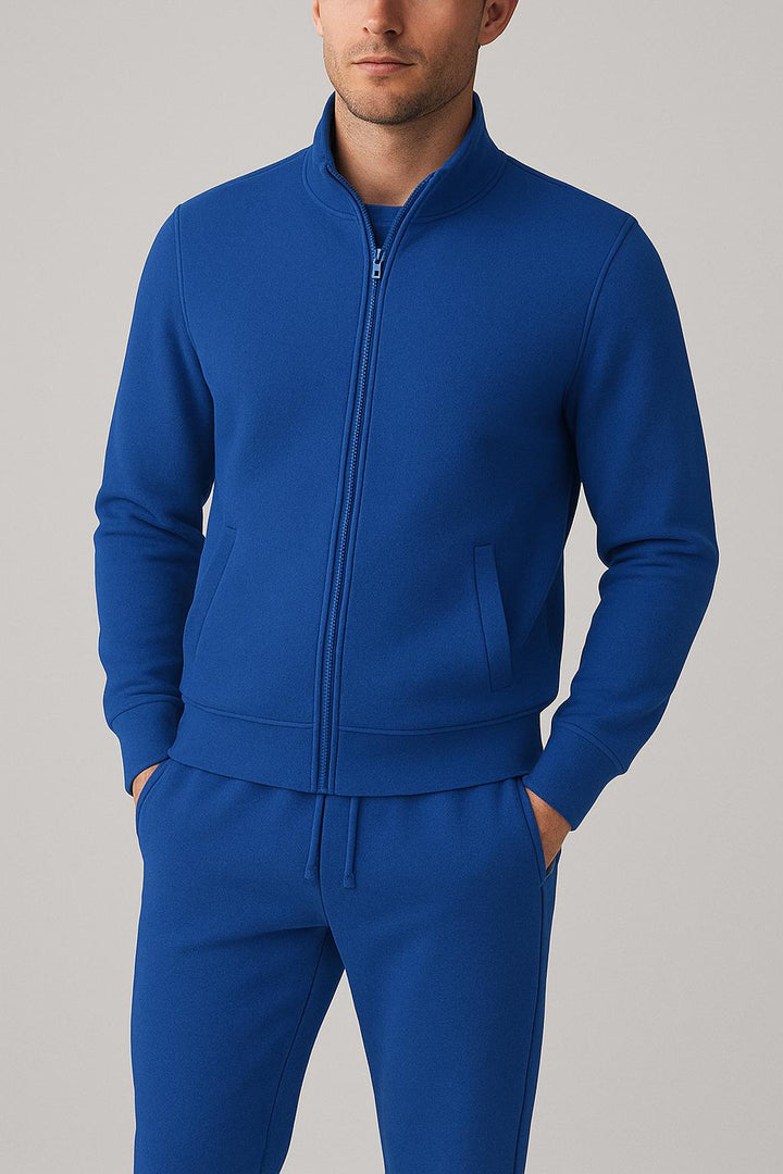 Close-up of fabric on men's slim fit athletic jogger set. High-quality, comfortable two-piece tracksuit.