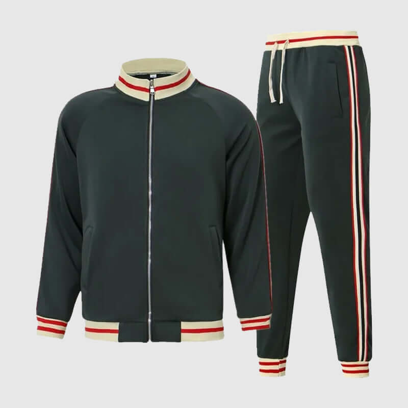 Men's slim fit tracksuit set, ideal for active comfort & casual wear. Includes zip jacket & jogger pants.