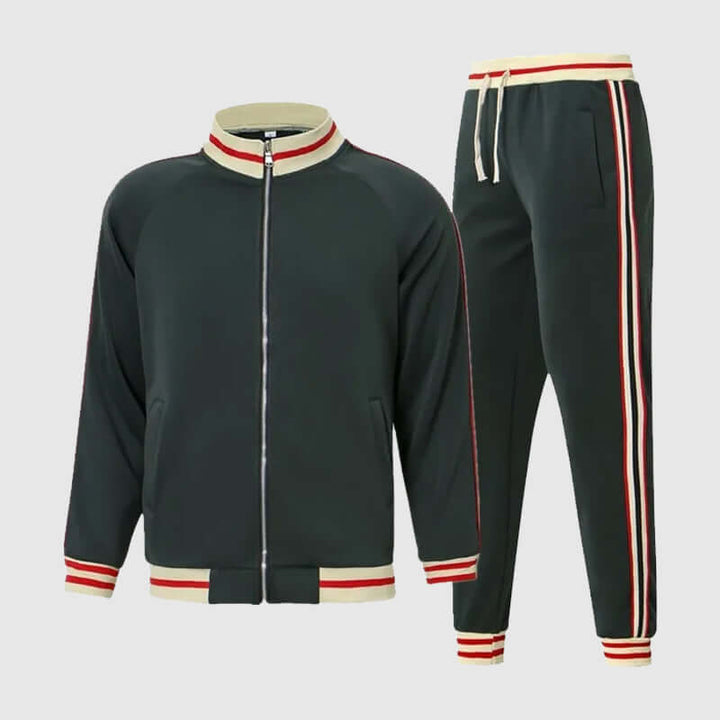 Men's slim fit tracksuit set, ideal for active comfort & casual wear. Includes zip jacket & jogger pants.