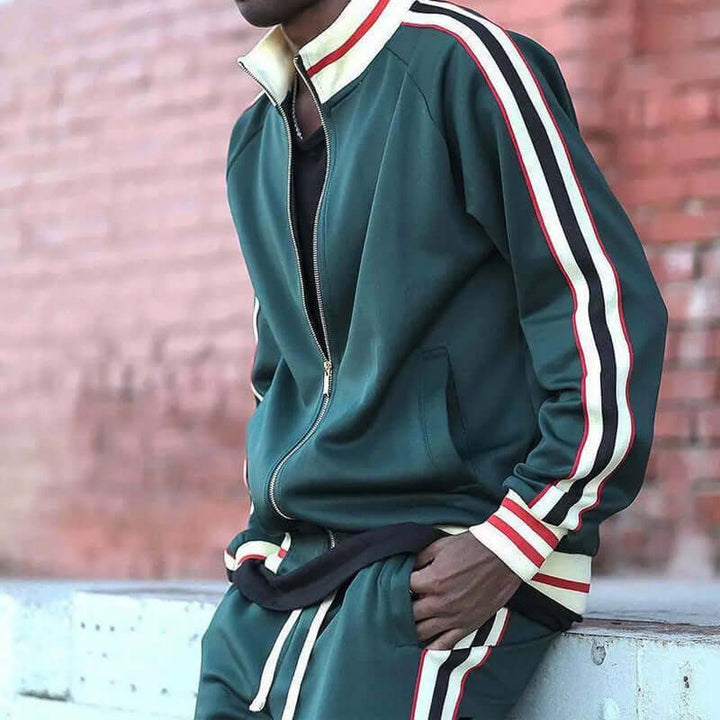 Men's slim fit track suit with zip-up jacket & matching jogger pants. Essential men's activewear & casual set.