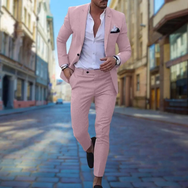 Fashionable men's slim fit suit with jacket and trousers, showcasing modern design and professional tailoring.