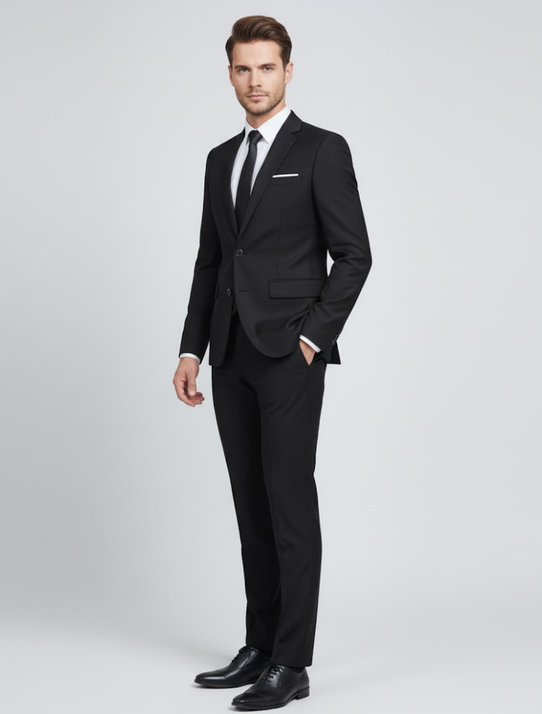 Tailored men's slim fit two-piece suit for formal events. A versatile business suit or elegant wedding attire for him.