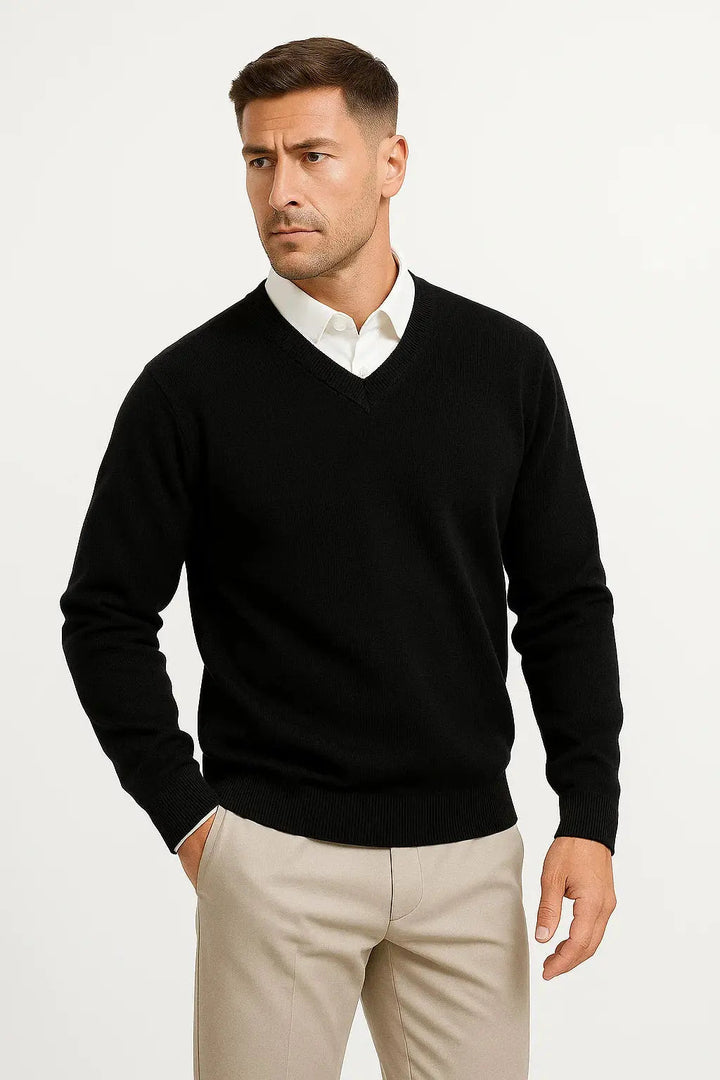 Men's slim fit V-neck sweater, an elegant and versatile pullover for modern casual fashion and comfortable layering.