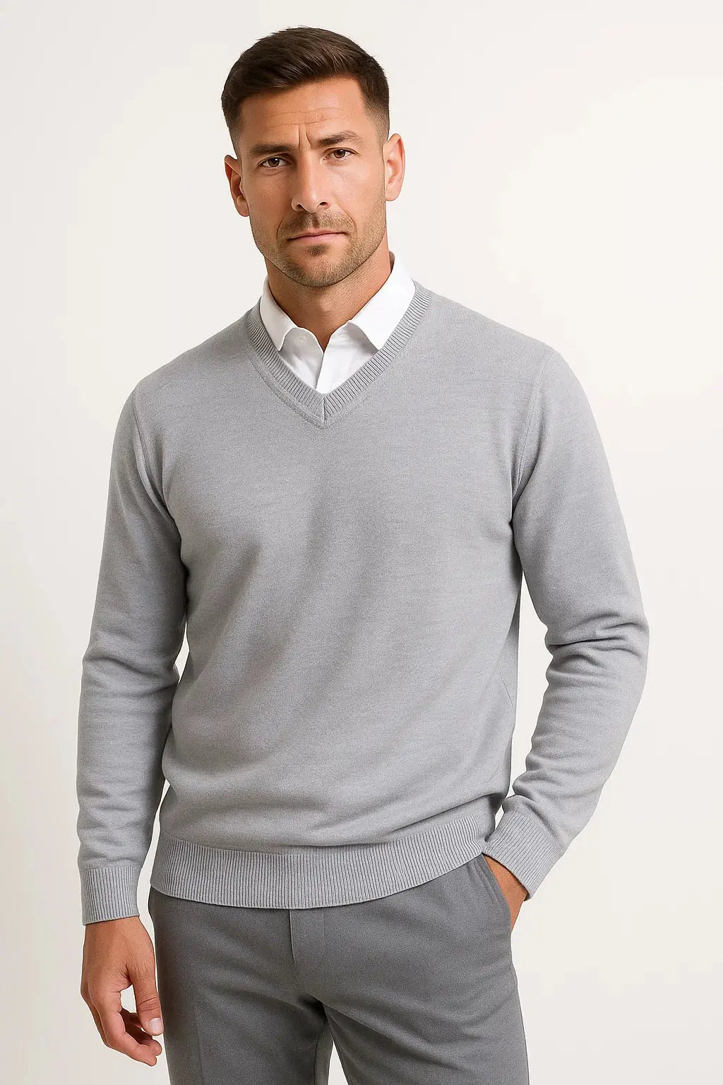 Stylish men's slim fit V-neck pullover, perfect for a sleek silhouette and year-round comfort in men's fashion.