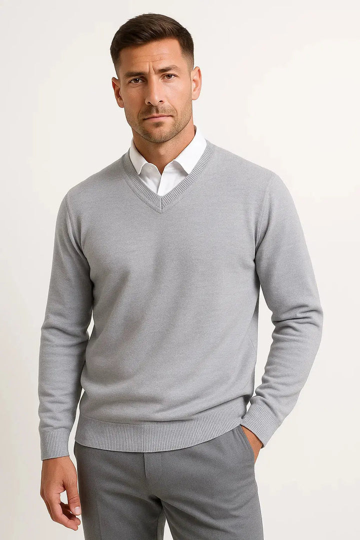 Stylish men's slim fit V-neck pullover, perfect for a sleek silhouette and year-round comfort in men's fashion.