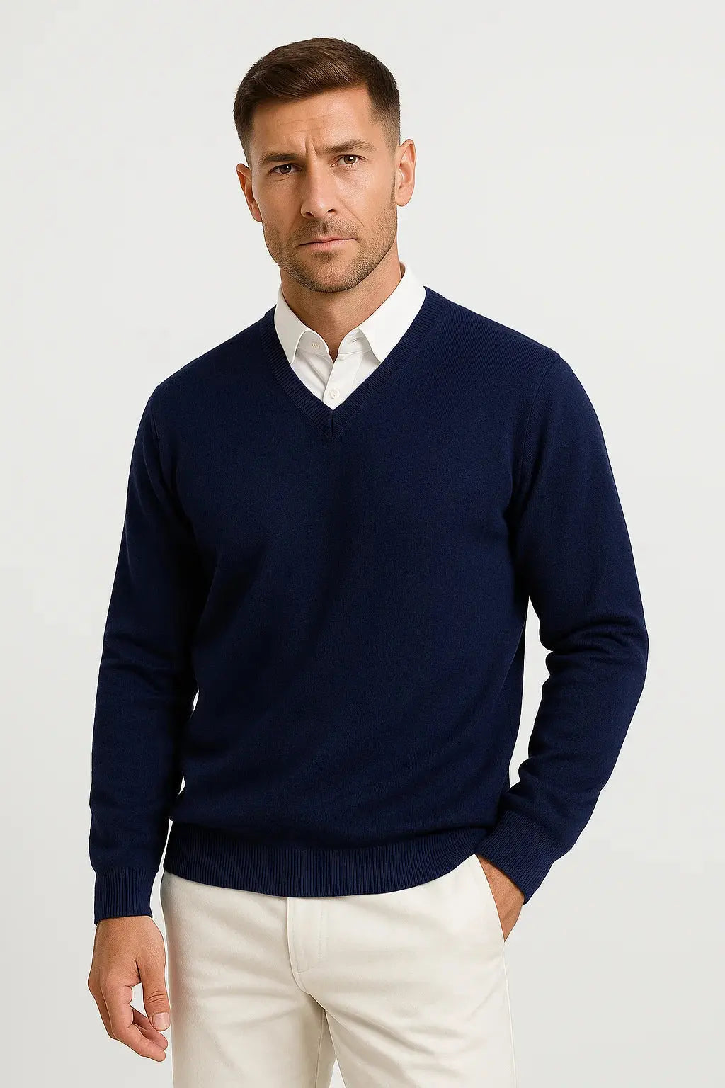 Elegant men's V-neck sweater, a versatile top ideal for smart casual outfits and comfortable wear as a layering piece.