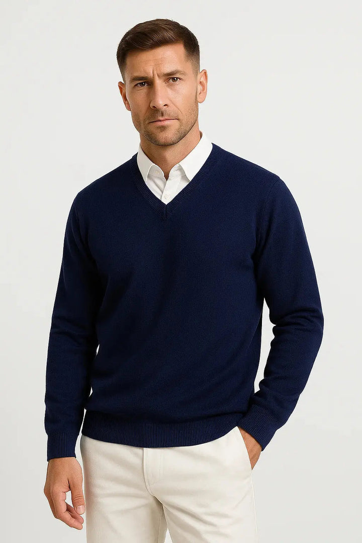 Elegant men's V-neck sweater, a versatile top ideal for smart casual outfits and comfortable wear as a layering piece.