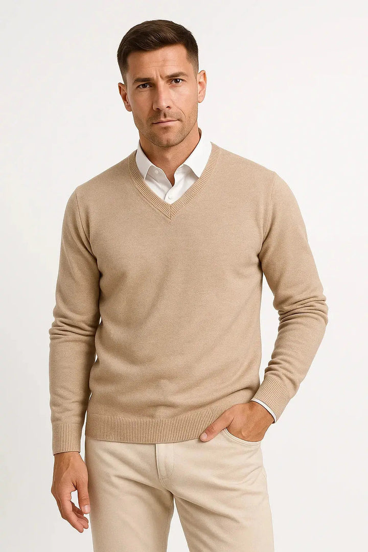 Modern men's slim fit V-neck sweater, showcasing a comfortable design and elegant style for everyday fashion.
