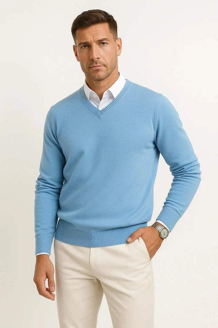 Versatile men's V-neck pullover, offering a slim fit and comfortable feel, essential for men's modern style.
