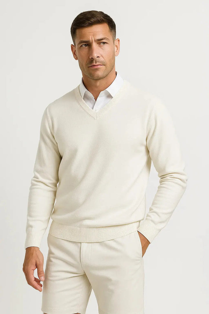 Sophisticated men's slim fit V-neck sweater, an elegant and comfortable top for diverse occasions and layering.