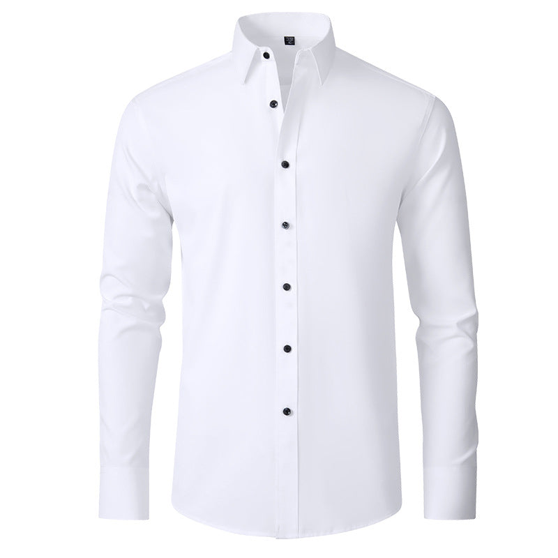 Men's slim fit wrinkle-resistant stretch dress shirt in a classic solid color, perfect for business casual and office wear.