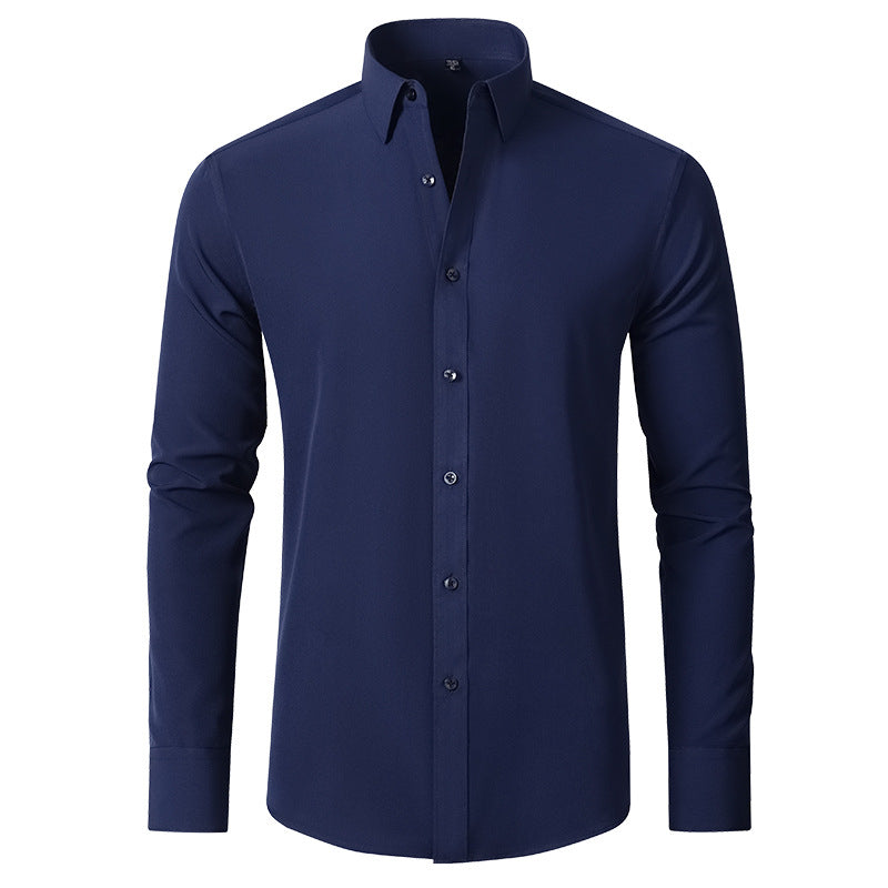 Close-up of a men's long sleeve button-down dress shirt cuff, showcasing wrinkle-resistant stretch fabric detail.