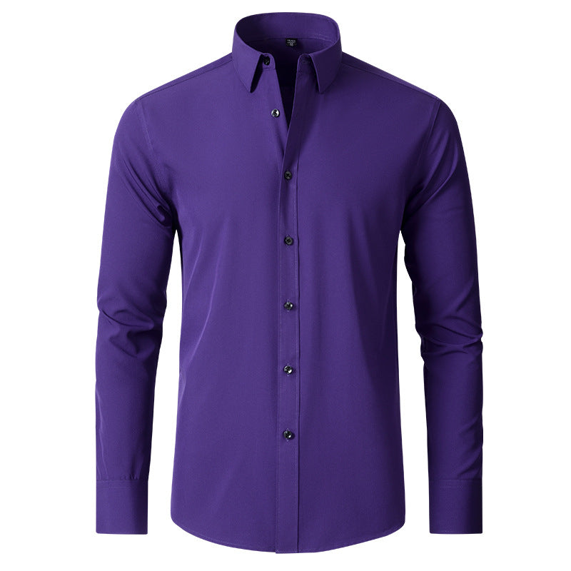 Full shot of a man wearing a slim fit wrinkle-resistant stretch dress shirt, embodying effortless style for men's fashion.