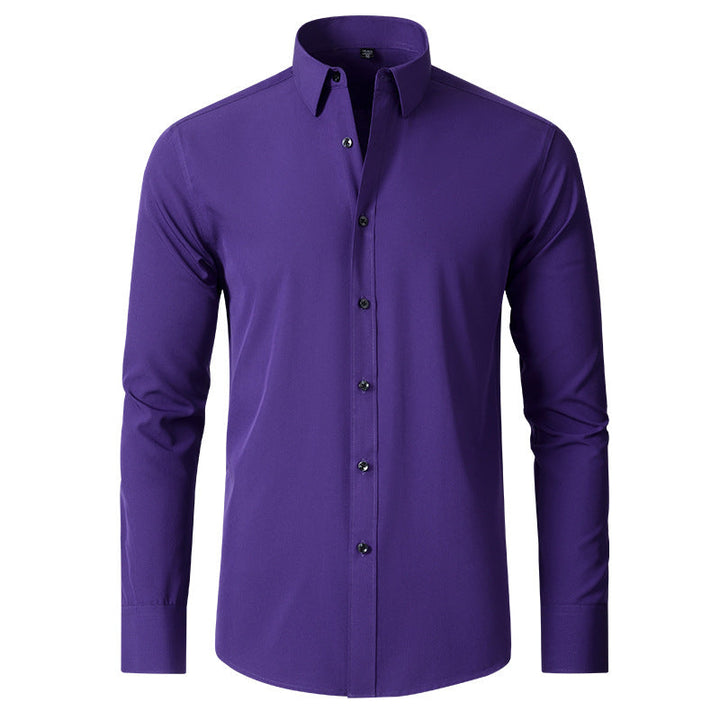 Full shot of a man wearing a slim fit wrinkle-resistant stretch dress shirt, embodying effortless style for men's fashion.