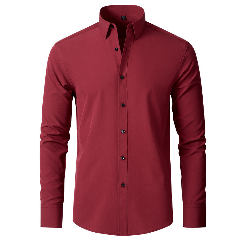 Modern men's slim fit business casual shirt. This wrinkle-resistant stretch dress shirt offers a refined look effortlessly.