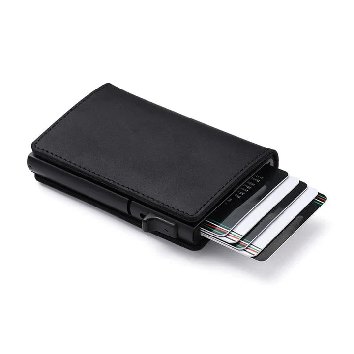 Minimalist men's aluminum wallet, ultra-slim with RFID protection and integrated tracker.