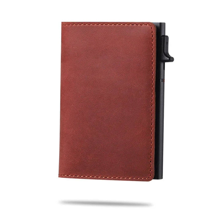 Man holding a slim men's RFID blocking wallet, demonstrating its compact size and card holder.