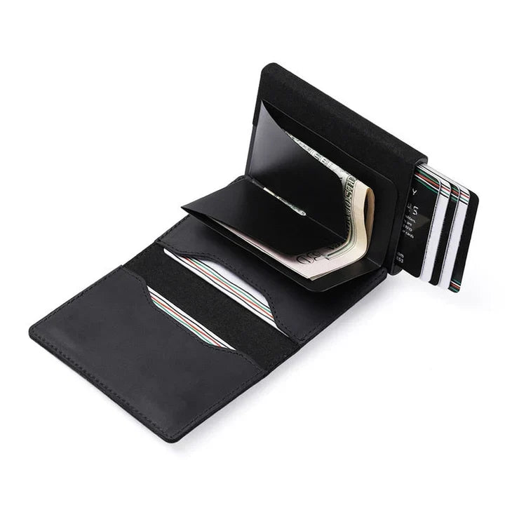Men's slim RFID wallet with a dedicated tracker slot, perfect for everyday carry.