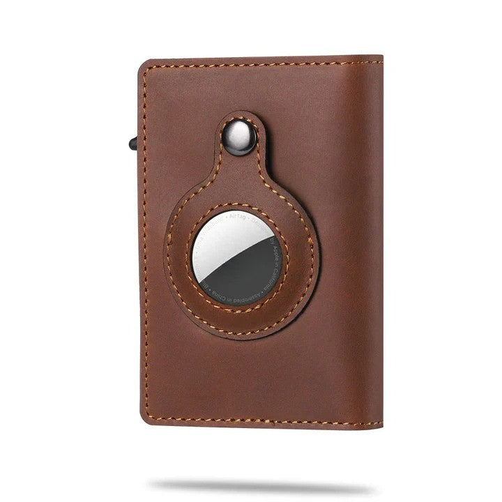 Men's smart RFID wallet, slim design, tracker ready, carbon fiber finish.
