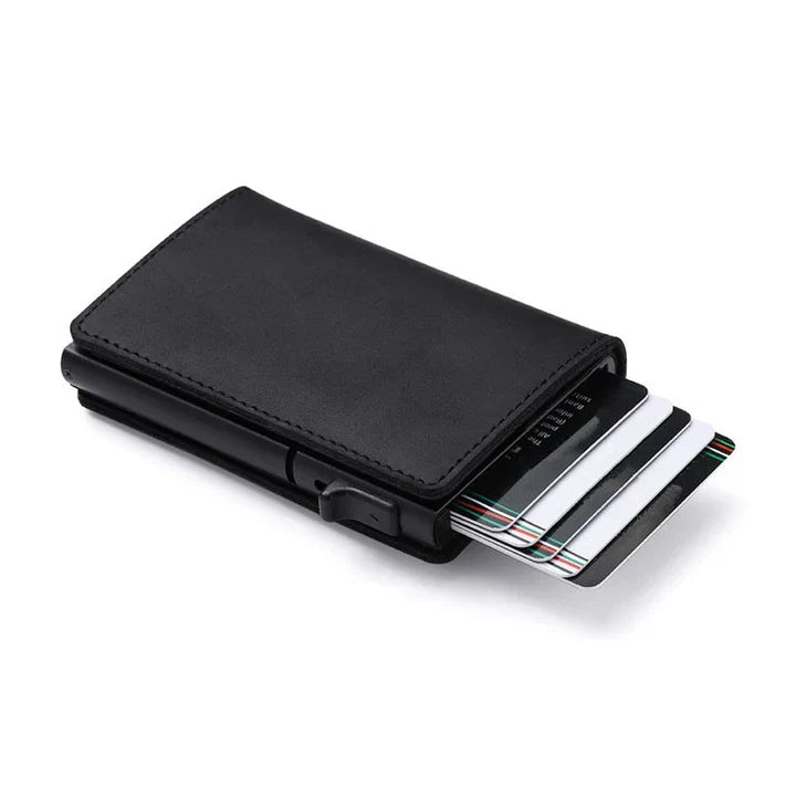 Carbon fiber men's slim RFID wallet, minimalist design with secure tracker integration.