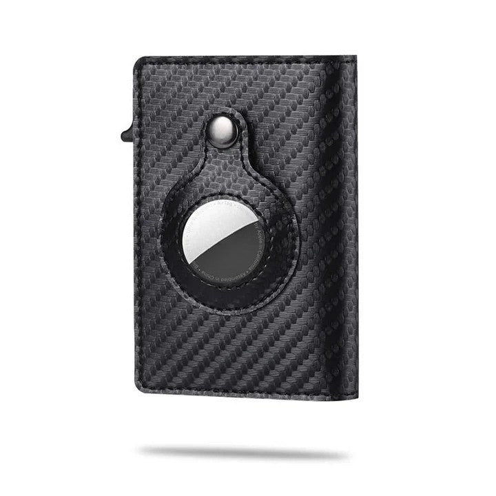 Secure men's RFID blocking wallet, sleek aluminum, integrated tracker slot.